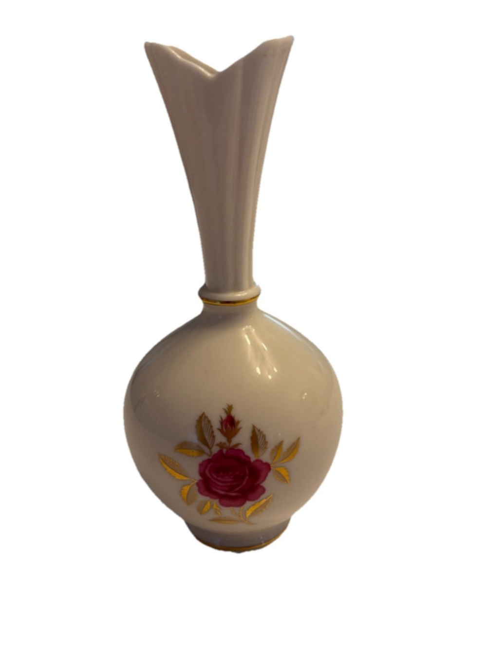Lenox 8" Rose Bud Vase with Gold Leaf-Cream with Rose Design-Made In USA- Mint